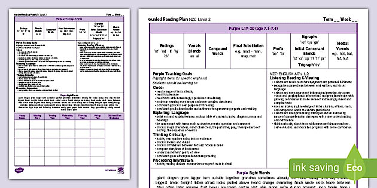New Zealand Purple Guided Reading Weekly Plan (Teacher-Made)