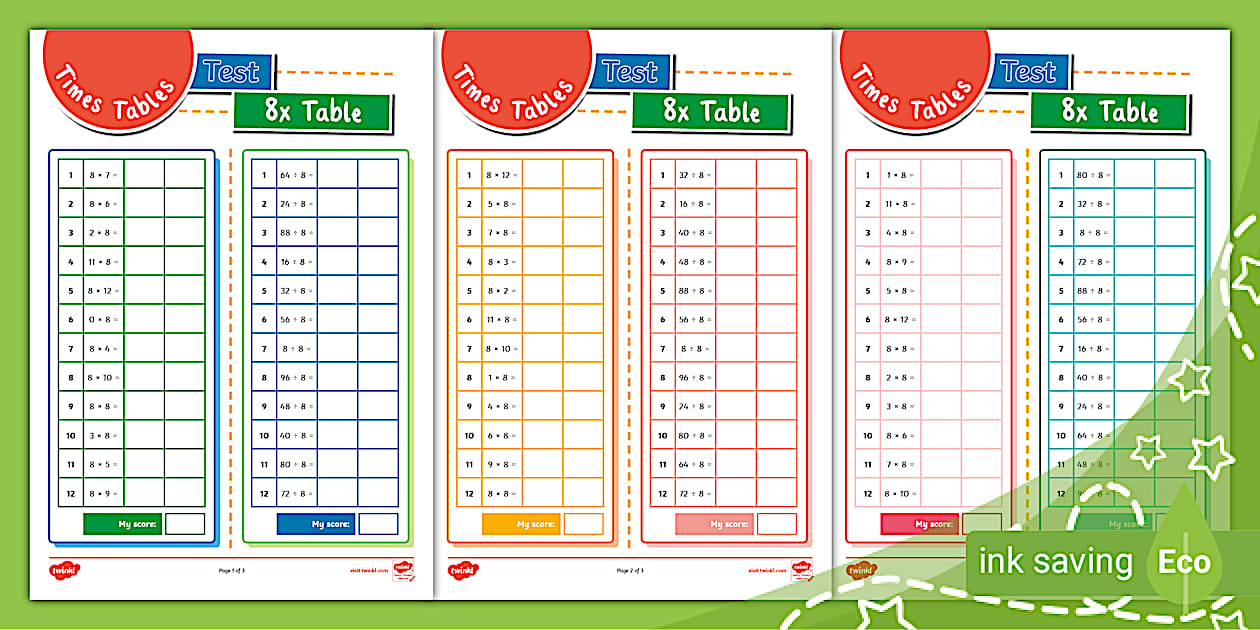 Times Tables Sheets 8 x Table (Teacher-Made) - Twinkl