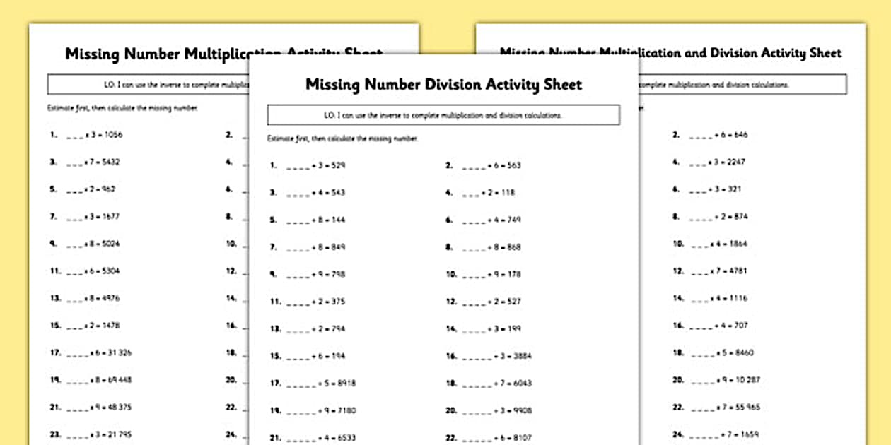 Year 5 missing number multiplication division worksheets