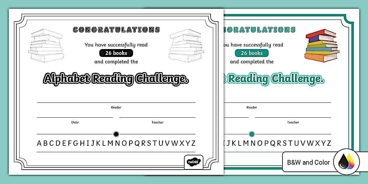 Alphabet Reading Challenge Certificate for 6th 8th Grade