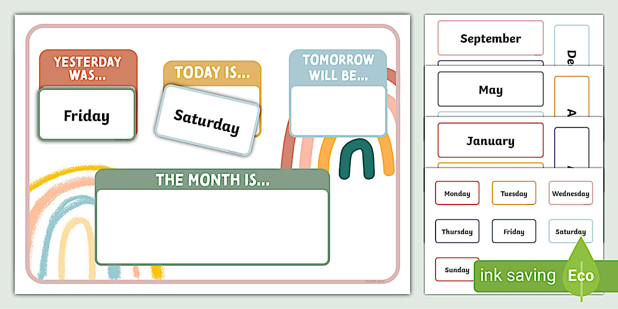 Muted Rainbow Themed Yesterday, Today, Tomorrow Calendar