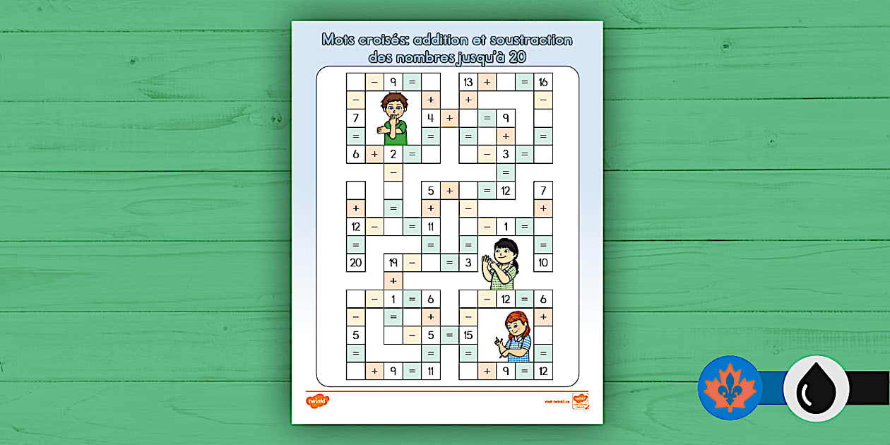 Adding and Subtracting Numbers to 20 Crossword Puzzle French