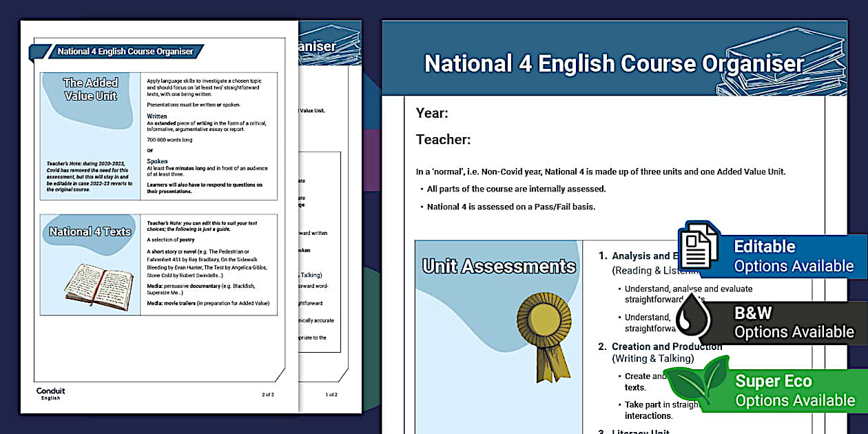 National 4 English Course Organiser (teacher made) - Twinkl