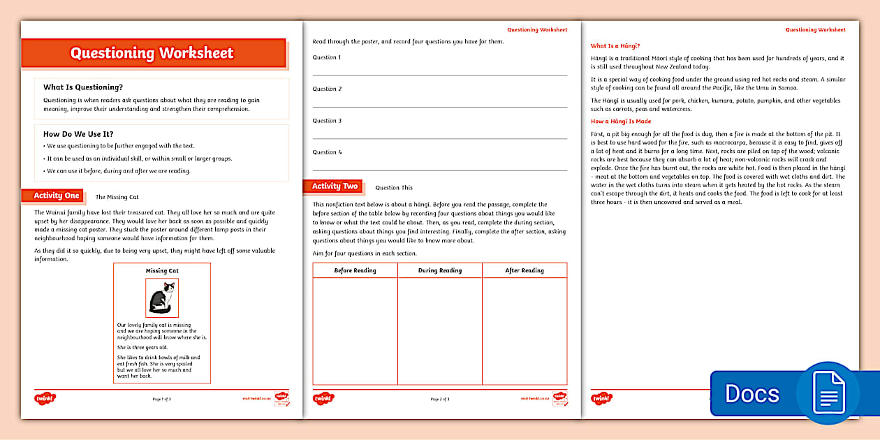 Reading Comprehension Skills: Questioning Worksheet (Year 5-6)