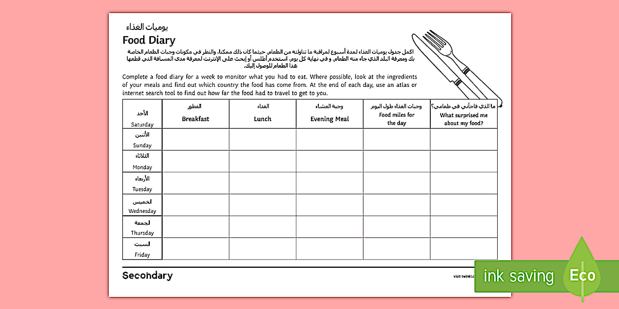Food and Farming: Food Diary Worksheet / Worksheet Arabic/English