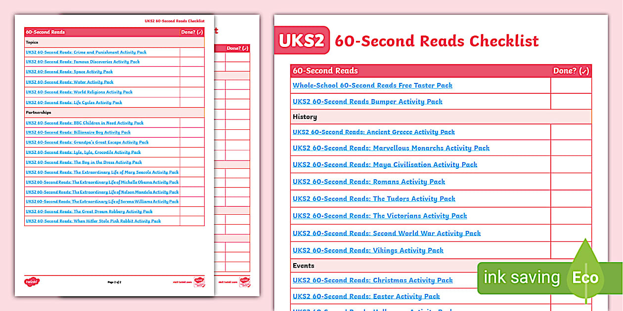 Uks2 60 Second Reads Checklist Teacher Made Twinkl