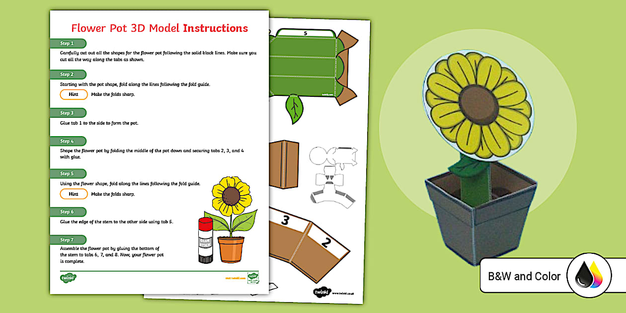 Flower Pot 3D Paper Model (Hecho por educadores) - Twinkl