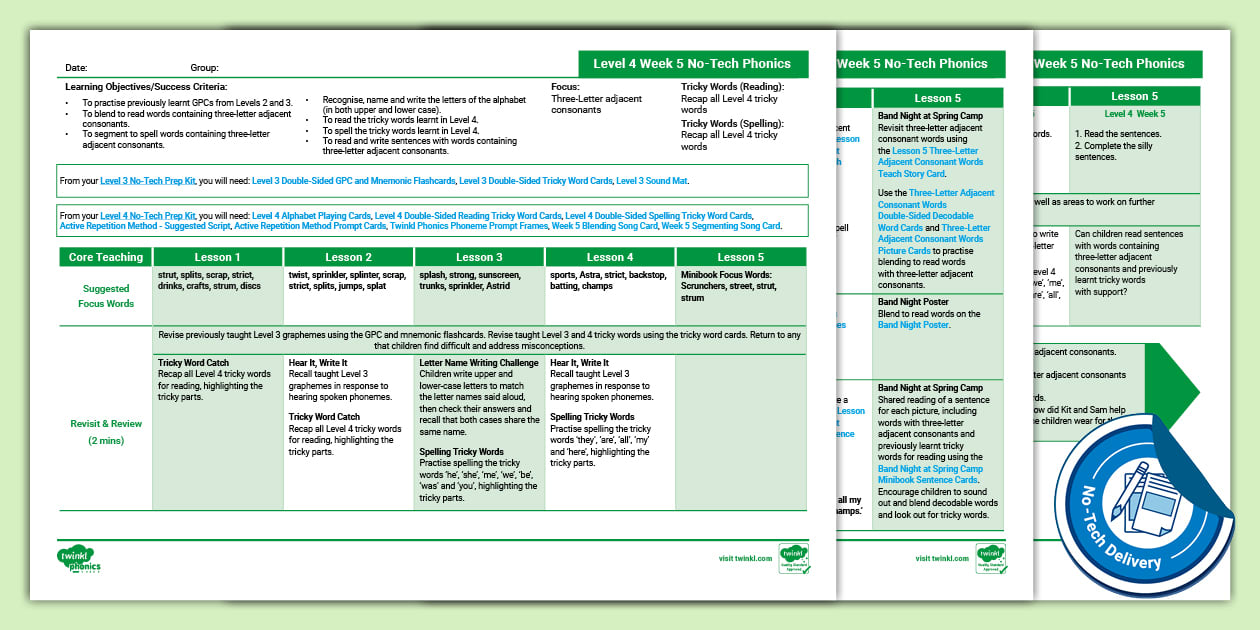 Three-Letter Adjacent Consonants No-Tech Plan-Level 4 Week 5