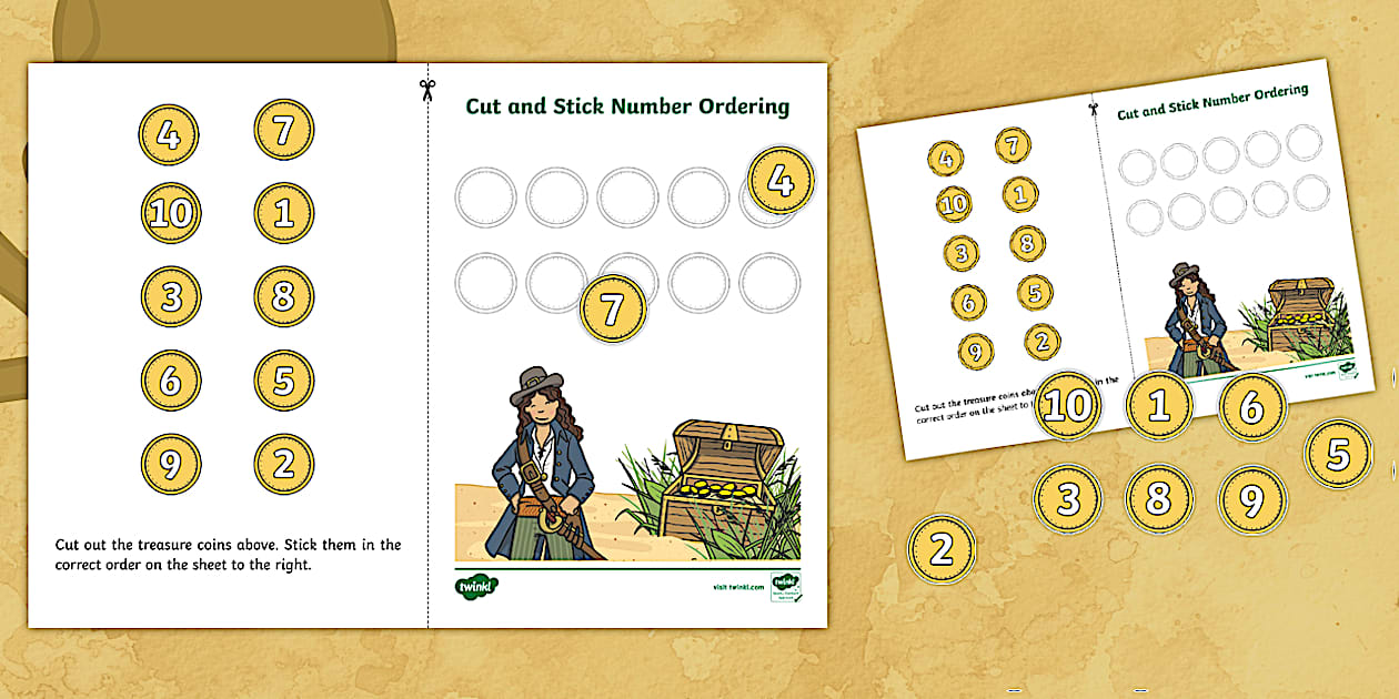 Black and White Pirate Themed Cut and Stick Number Ordering Activity 1-10