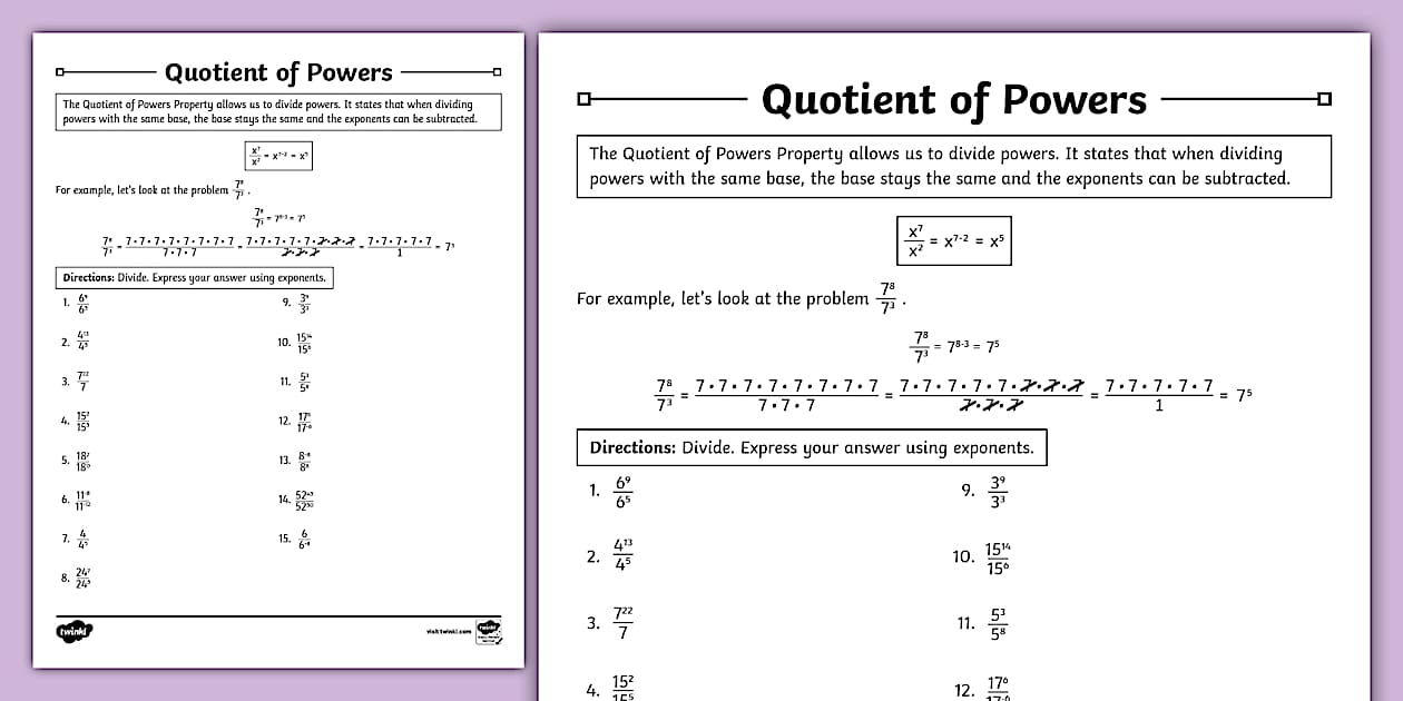 Quotient of Powers Worksheet Math Twinkl USA Twinkl