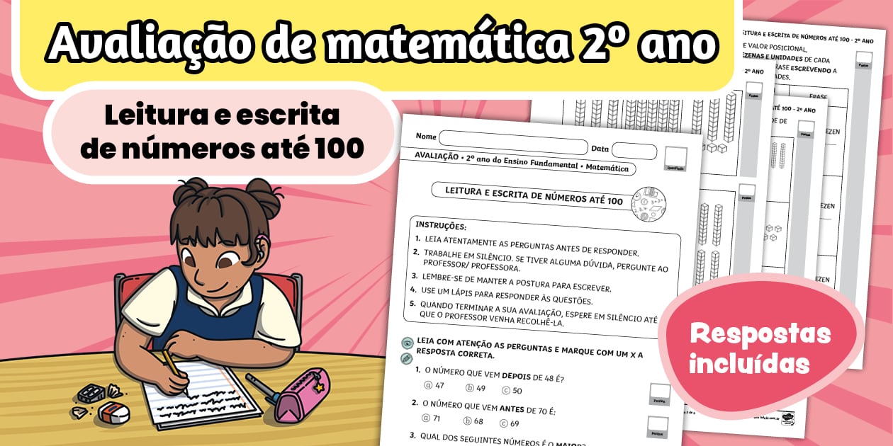 Avaliação de matemática 2º ano - Leitura e escrita de números até 100