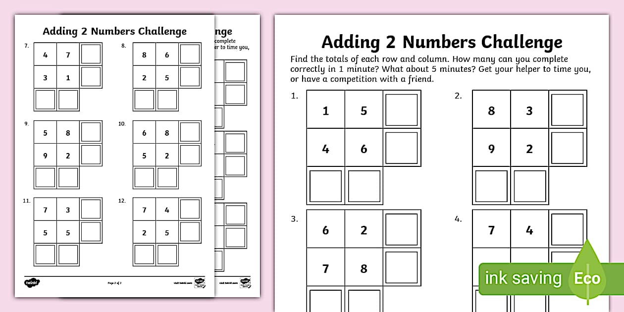 👉 Adding 2 Numbers Homework Challenge Worksheet - Twinkl
