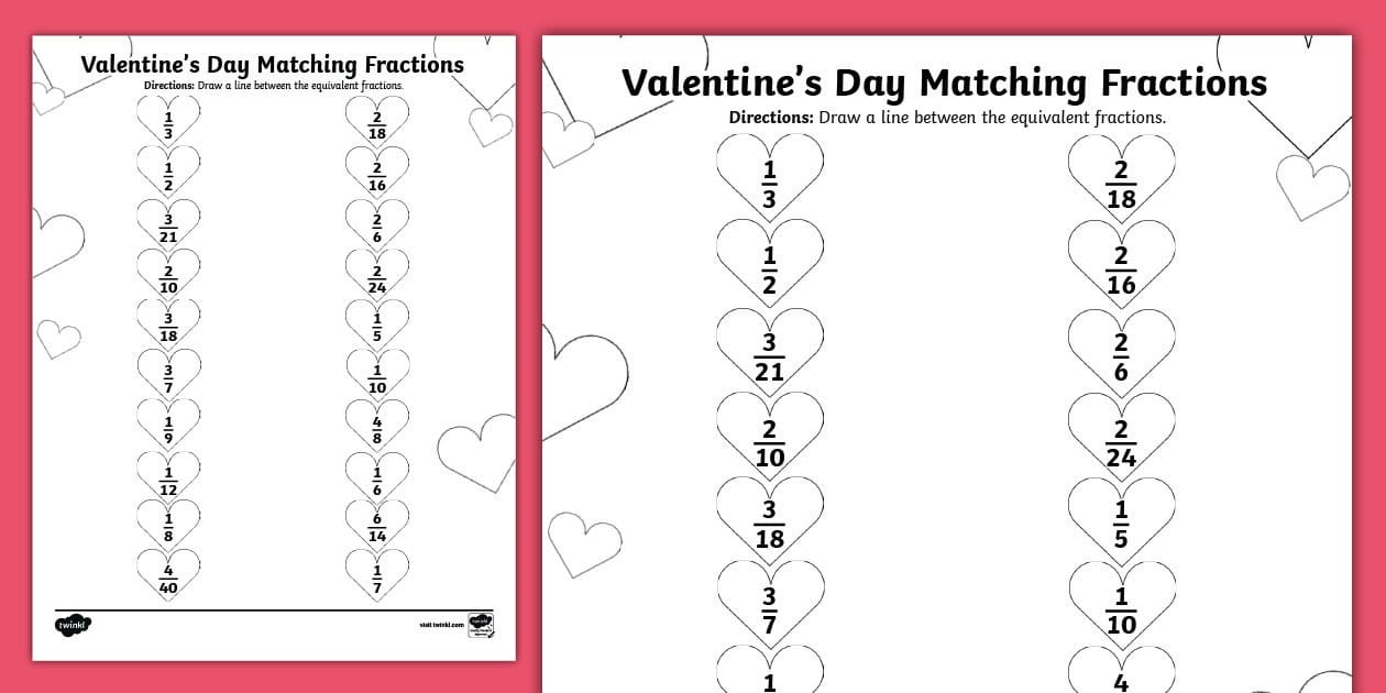 Valentine s day equivalent fractions matching activity