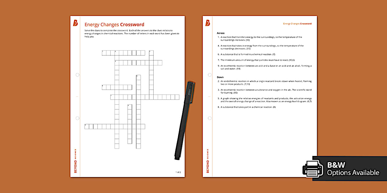 Energy Changes Crossword (Combined) Twinkl