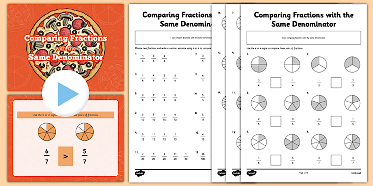 Comparing Fractions with the Same Denominator PowerPoint and Worksheet