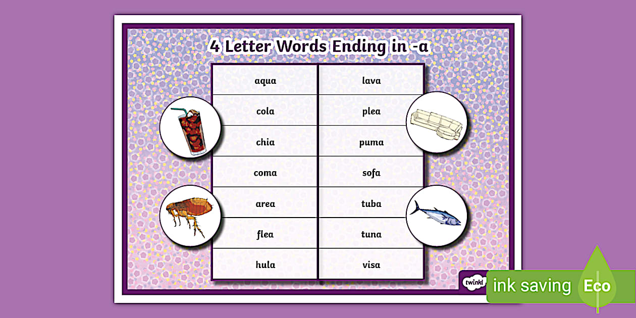 4 Letter Words Ending in -a Word Mat (teacher made) - Twinkl