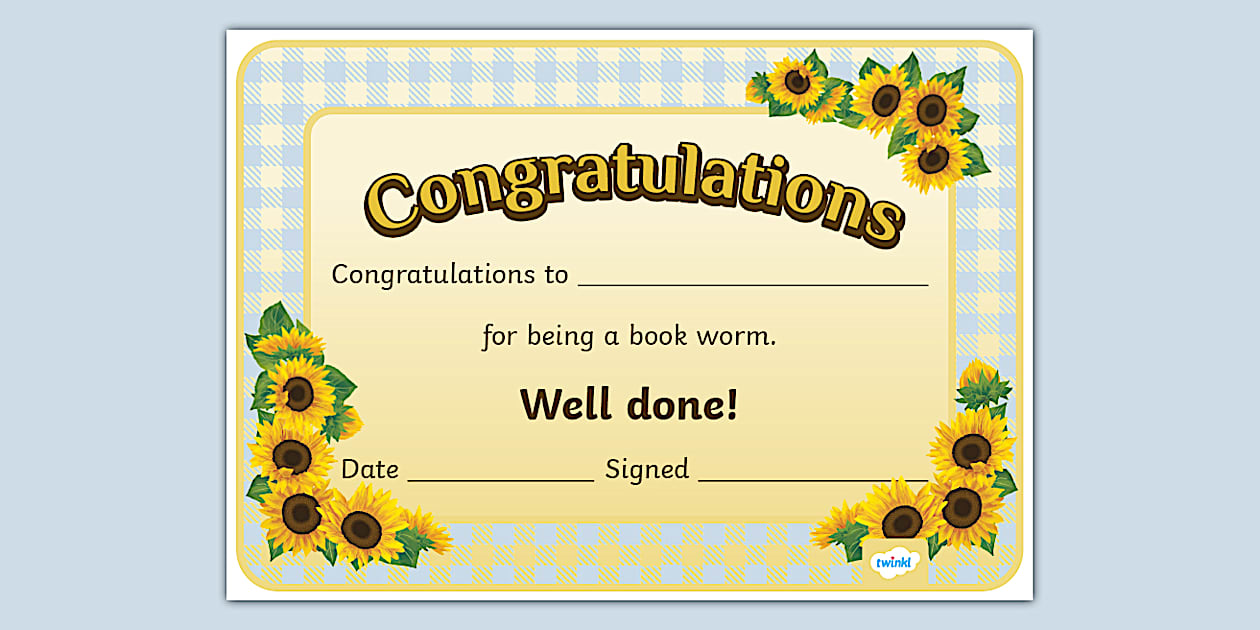 Sunflower Themed Book Worm Certificate (Teacher Made)