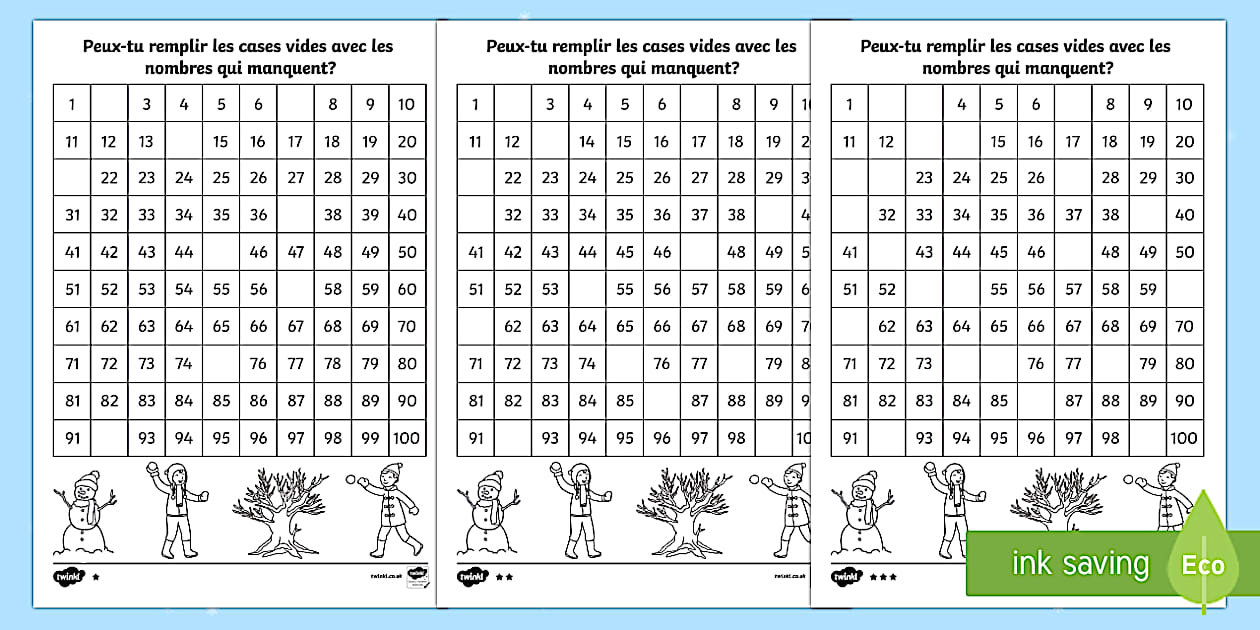 Grilles de nombres à compléter : L'hiver