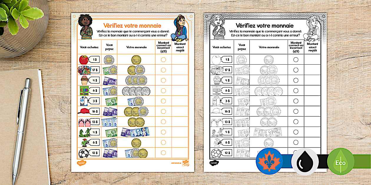 French Canadian Check Canadian Money Check Your Change Whole $ Activity French