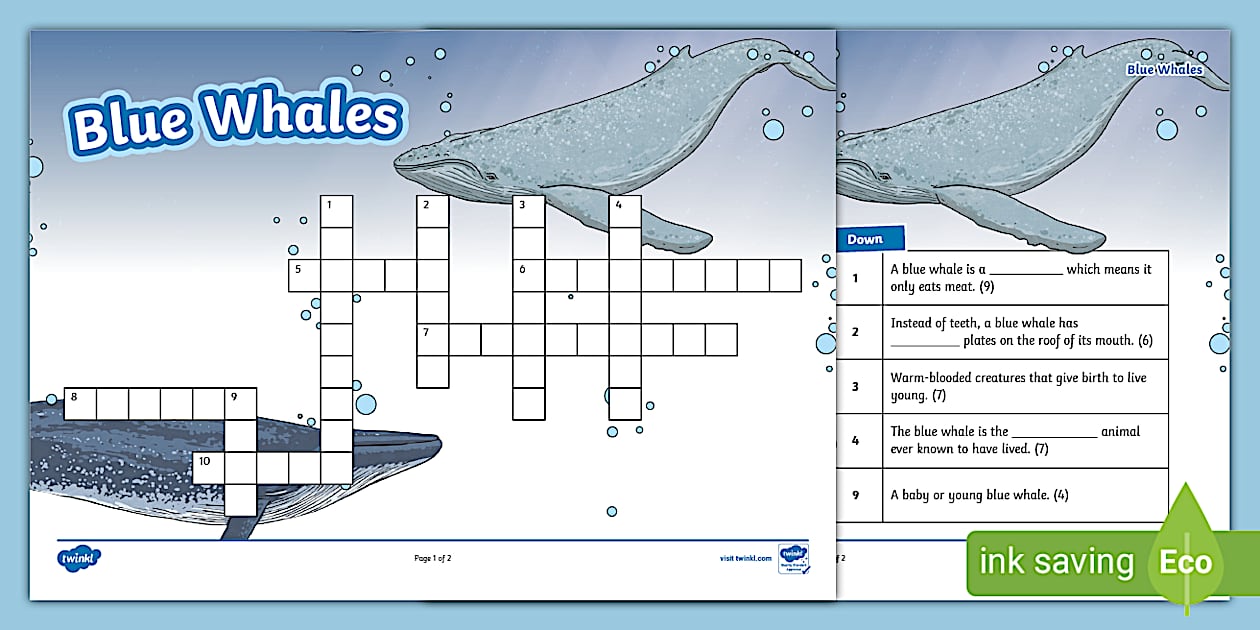 Blue Whales Crossword Activity KS2 (Teacher Made) Twinkl