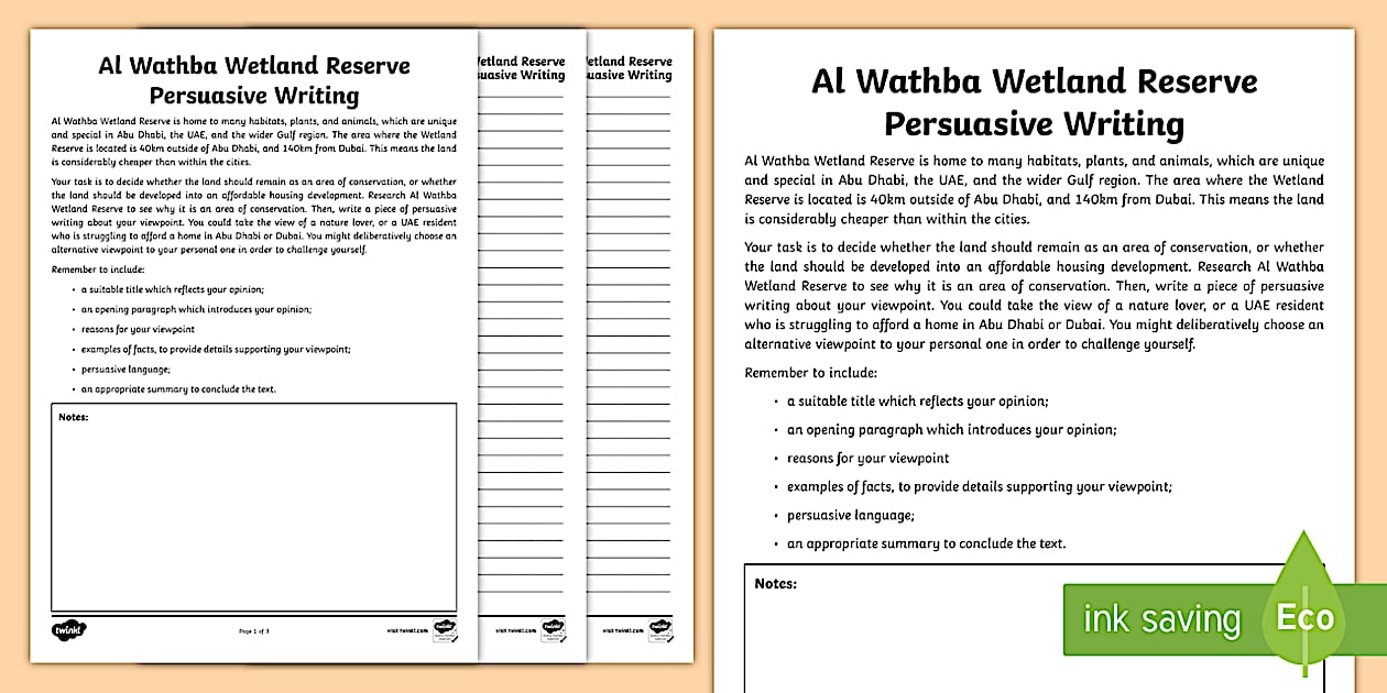 Al Wathba Wetland Persuasive Writing Worksheet Twinkl
