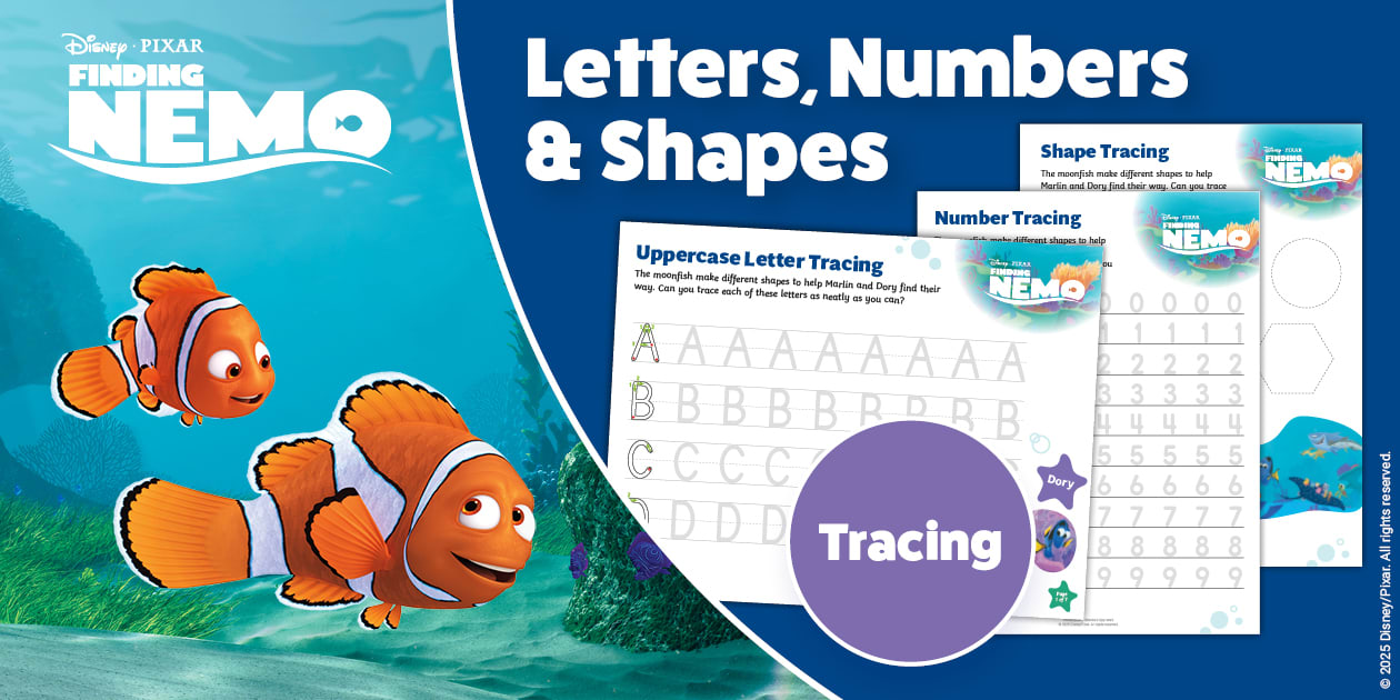 Finding Nemo: Letters Numbers Shapes Tracing Worksheets