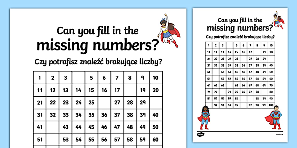Black and white superhero themed missing numbers 100 square worksheet