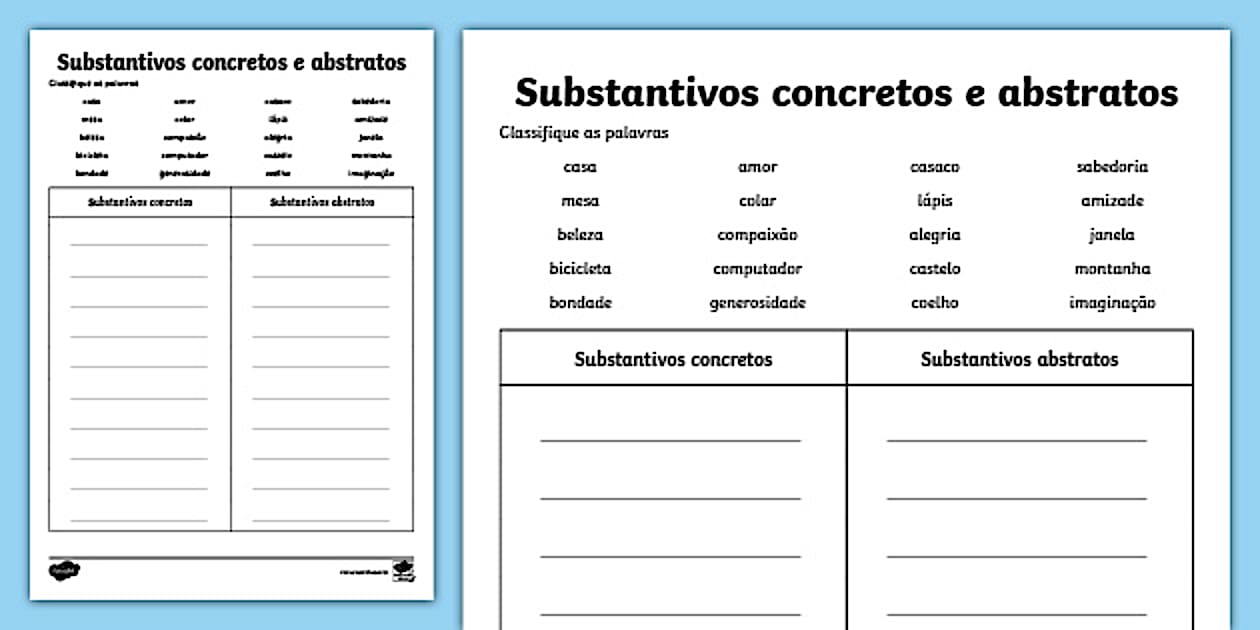 Substantivos concretos e abstratos Exercício de classificar