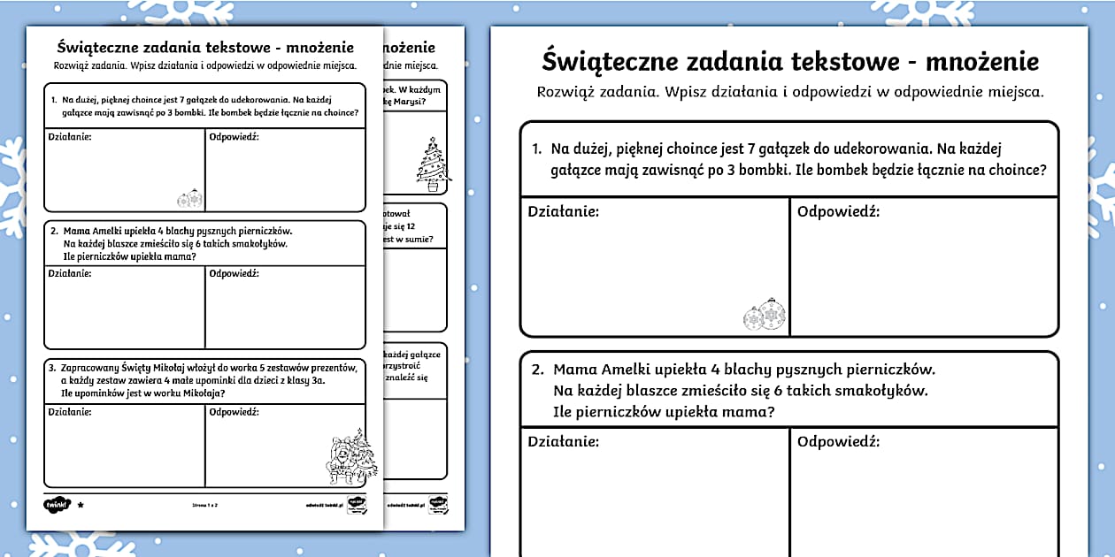 Sprawdzian Z Matematyki Klasa 2 Mnozenie Do 30 Świąteczne zadania tekstowe | Matematyka | Mnożenie