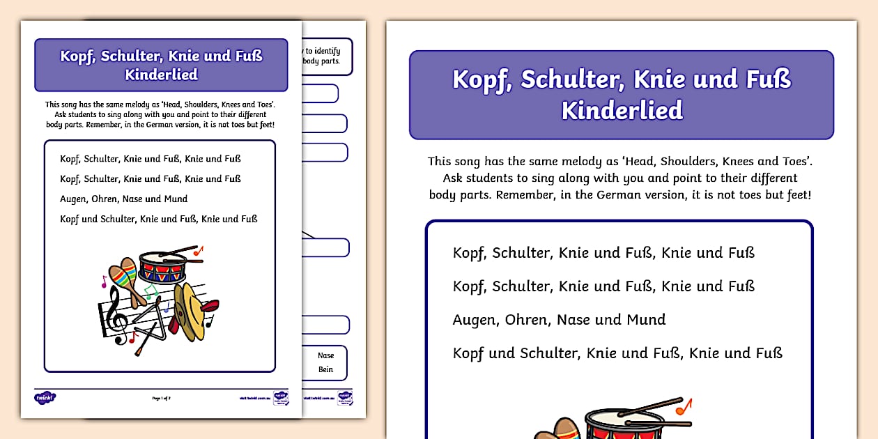 Kopf Schulter Knie Und Fuß Text Kopf, Schulter, Knie und Fuß Kinderlied Activity Sheet