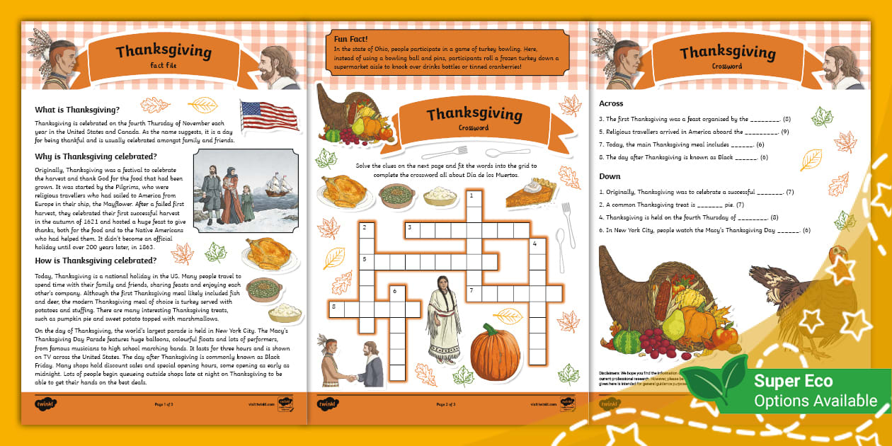 KS2 Thanksgiving Fact File and Crossword Ages 7 11