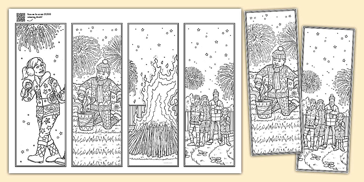 Bonfire Night Mindfulness Colouring Bookmarks - Twinkl