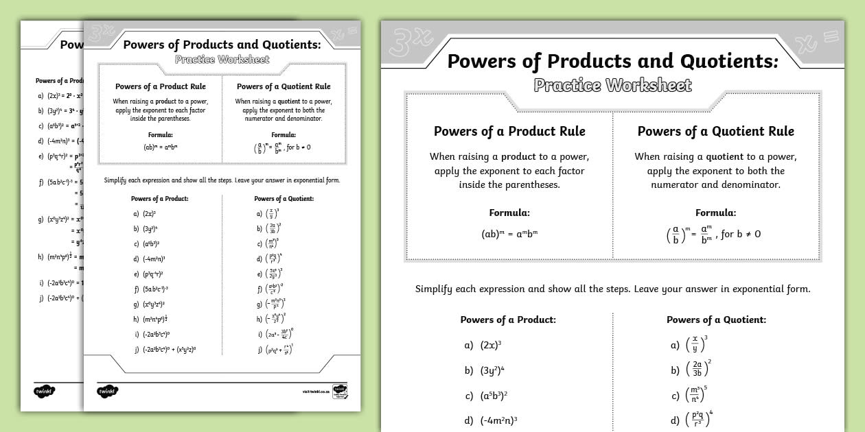 Powers of Products & Quotients Practice Worksheet