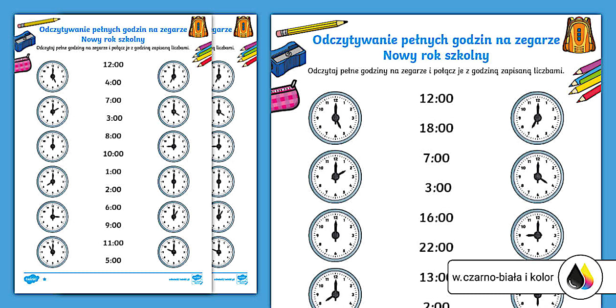 Pełne godziny | Czas i Zegar | Nowy rok szkolny - Twinkl