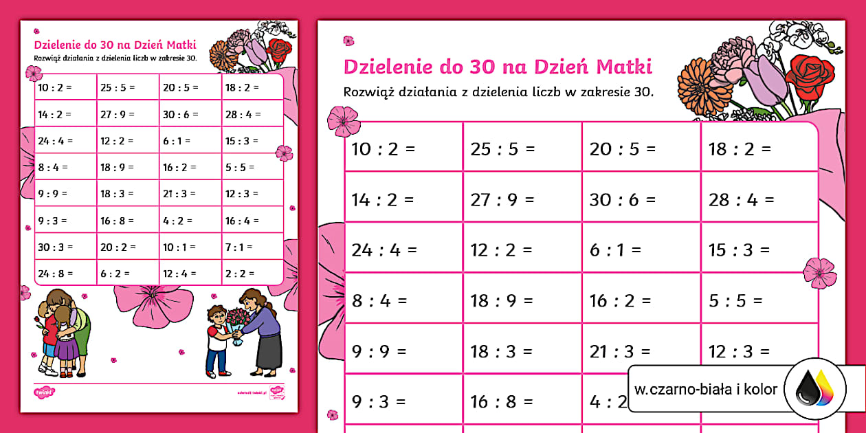 Matzoo Klasa 2 Dzielenie Do 30 Dzielenie do 30 | Dzień Matki | Karta pracy - Twinkl