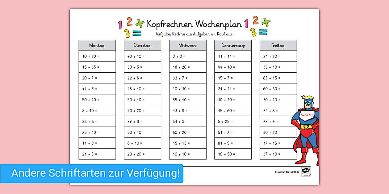 Kopfrechnen Wochenplan - Arbeitsblatt (Lehrer gemacht)