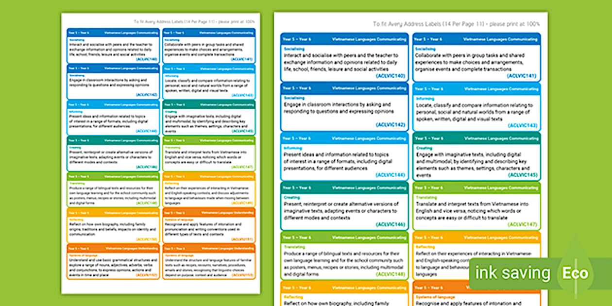 Australian Curriculum Vietnamese 5-6 Learning Outcomes Stickers