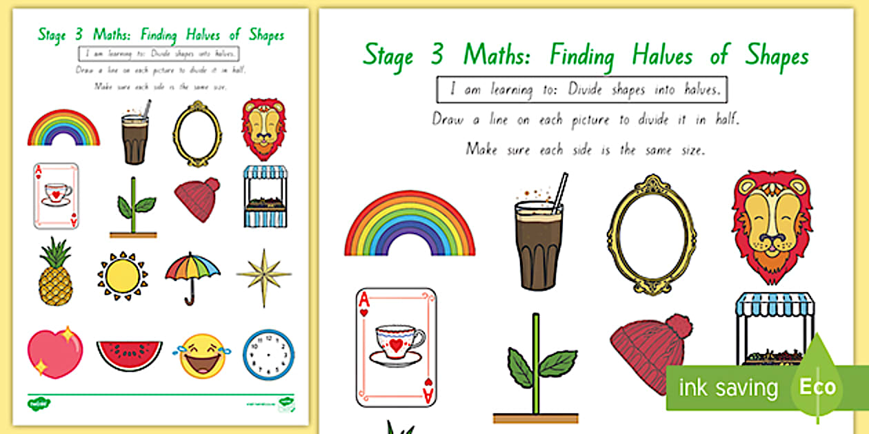 Stage 3 Maths Finding Halves of Shapes Worksheet - Twinkl