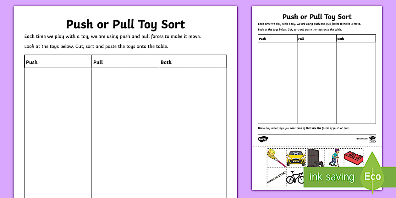 Push or Pull Toy Sort Worksheet / Worksheet - Twinkl