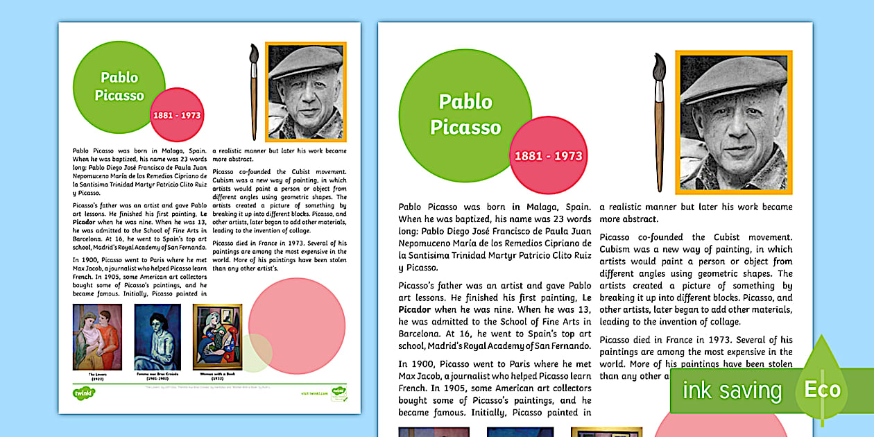 Cursive Artist Fact Sheet Pablo Picasso (teacher made)