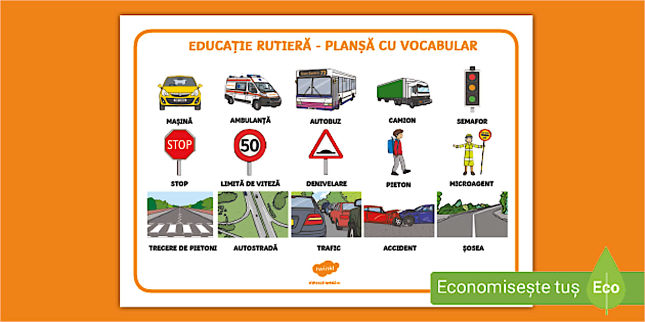 Educație rutieră – Planșă cu vocabular (teacher made)