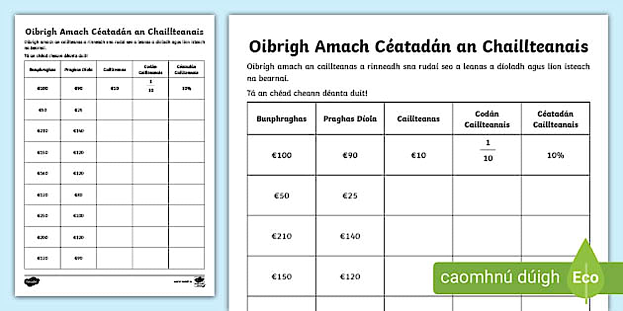 Find the Percentage Loss Worksheet 1 Gaeilge