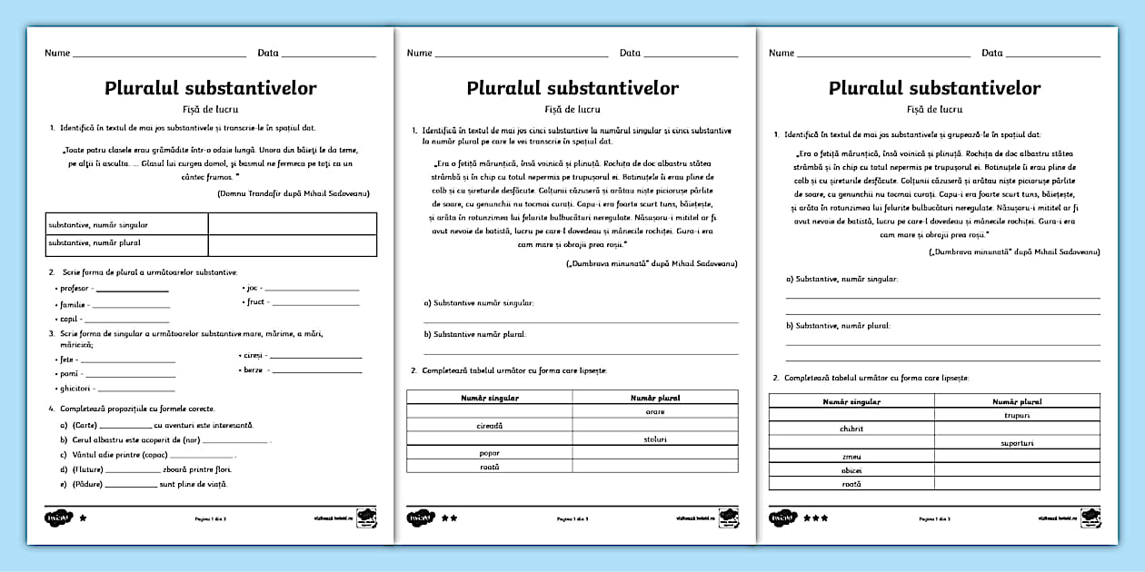 Pluralul substantivelor Fișe de lucru diferențiate