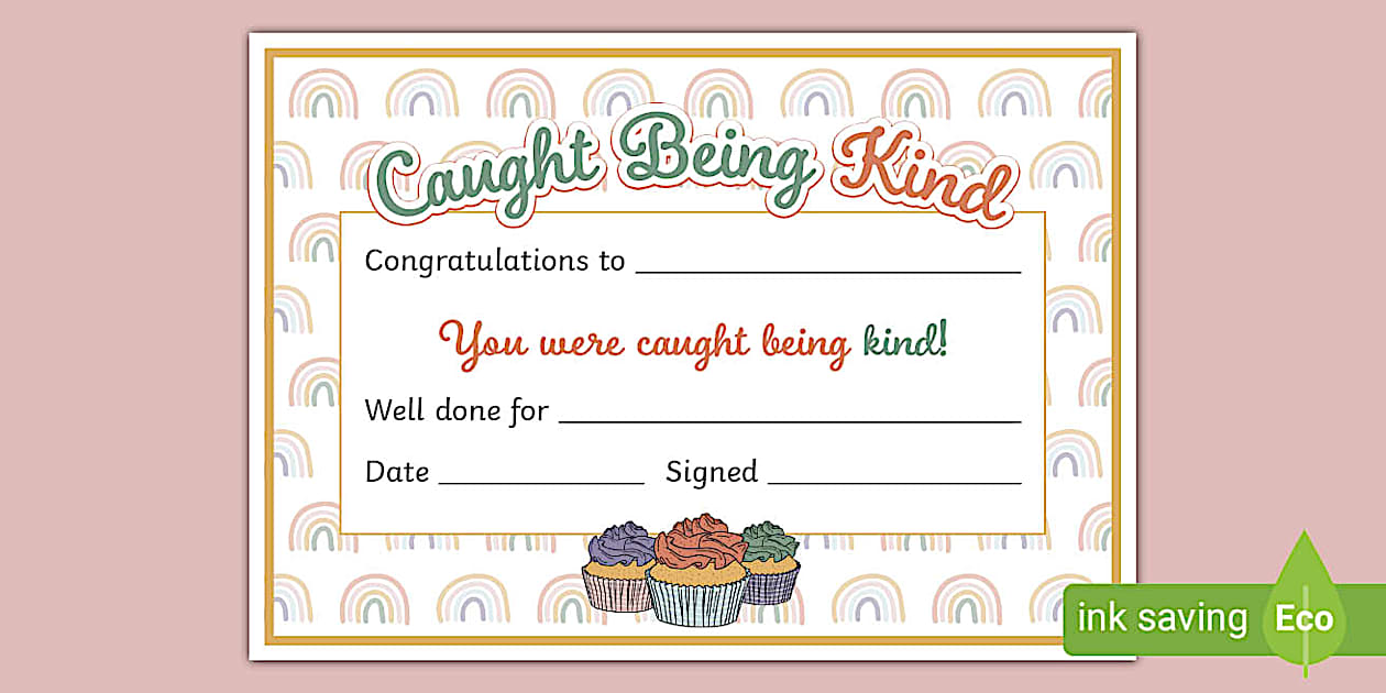 Muted Rainbow Themed Caught Being Kind Certificate Twinkl