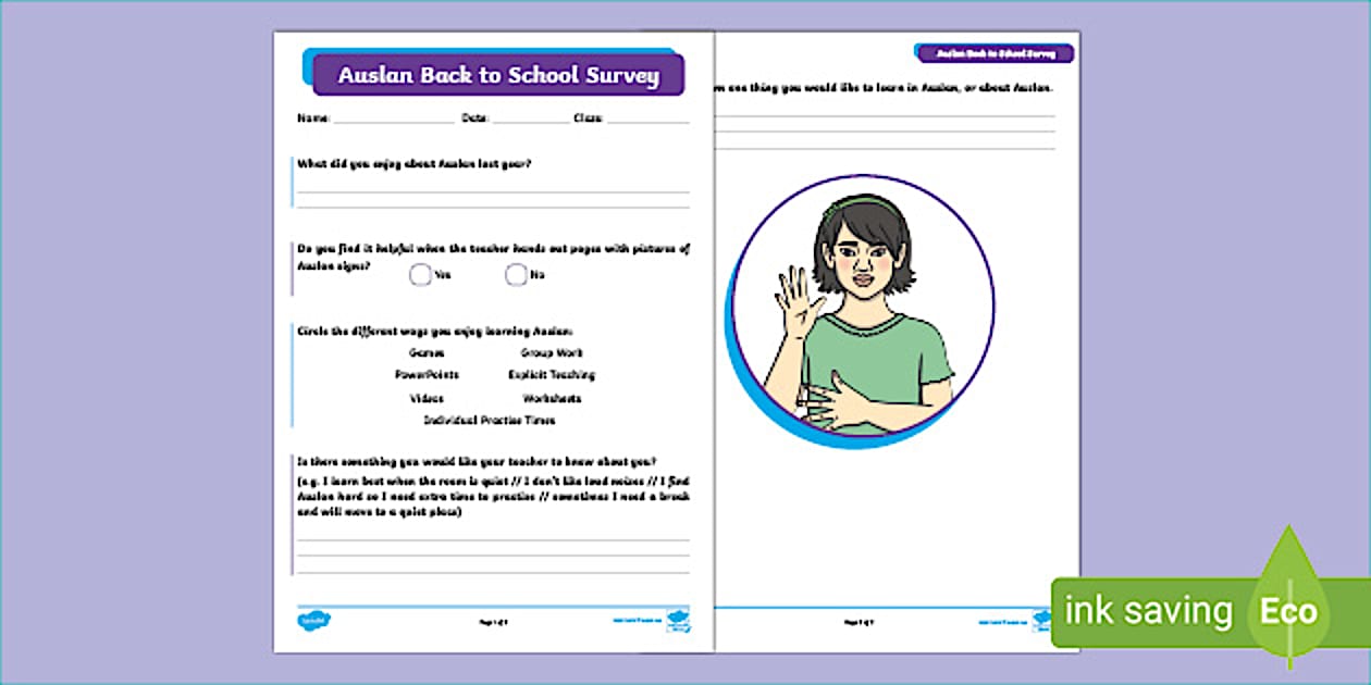 Auslan Back to School Student Survey (Teacher-Made) - Twinkl