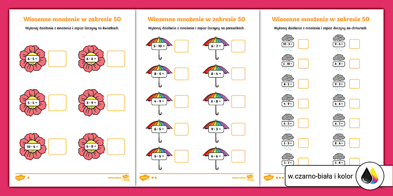 Wiosenne mnożenie w zakresie 50 | Karta pracy | 3 poziomy