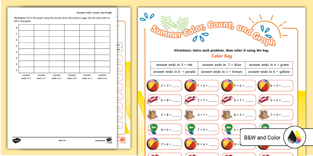 Summer Color, Count, and Graph Multiplication to 12x Worksheet