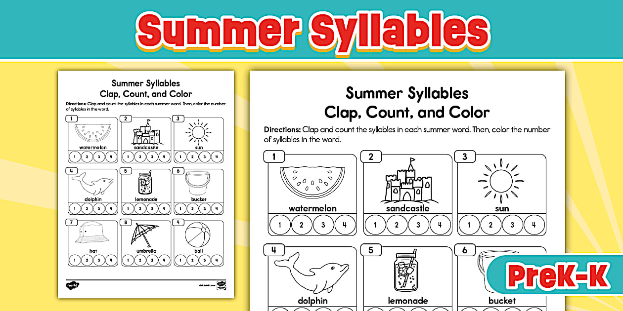 Summer Syllables Clap, Count, and Color Worksheet