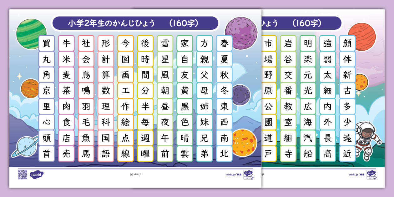 文部科学省が推奨する小学校二年生の漢字一覧表 意味事に配置された表