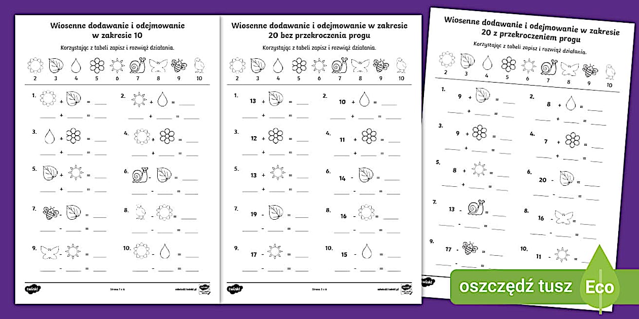 Dodawanie I Odejmowanie Klasa 4 Karta Pracy Wiosna | Dodawanie i odejmowanie w zakresie 10 i 20 | Karta pracy